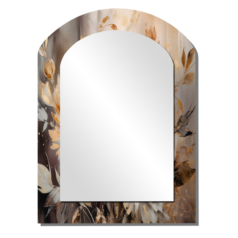 Or blanc, art de chrysanthème - grand miroir mural arche de chrysanthème, miroir asymétrique traditionnel traditionnel, impression d'art en métal