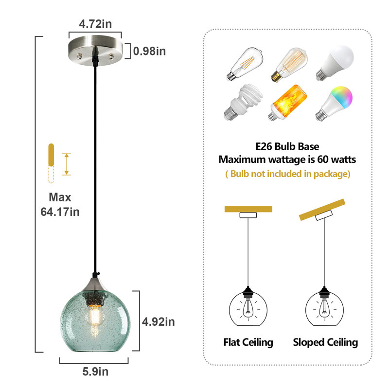 Luminaire suspendu moderne à 1 lumière pour îlot de cuisine Aarunya, H 4,92 po x l 5,9 po x P 5,9 po, Vert clair