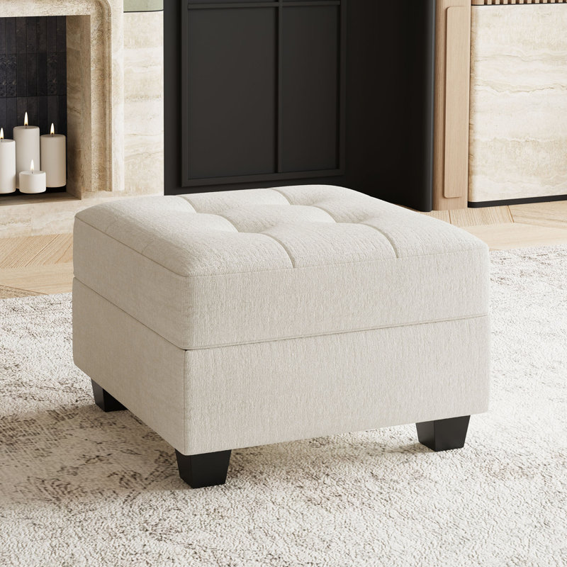 Repose-pieds rembourré en lin et velours Buckleton, Chenille beige