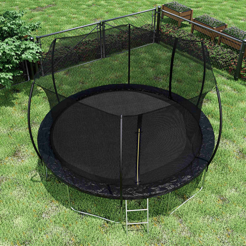 Trampoline (coussin de couleur double face), trampoline pour enfants et adultes avec filet et échelle, poteau de clôture incurvé