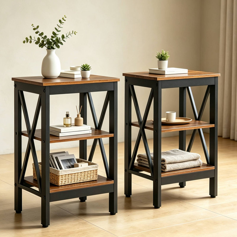 Kempst X-Shaped Nightstand Set Open Shelf 3 Tier Storage Nightstand For Bedroom Living Room, Brown, Set of 2