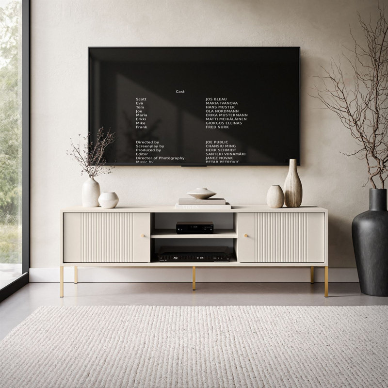 Unfinished TV Stand for TVs up to 70" with Fireplace Included, cashmere, gold legs