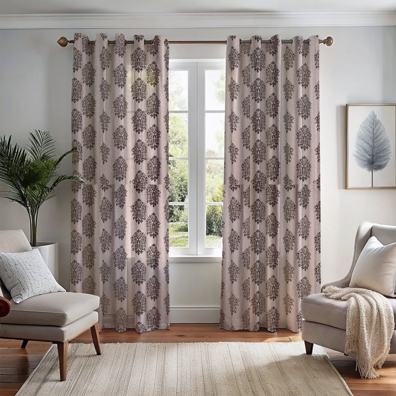 Burlap Print Cotton Light Filtering Grommet Curtain with Cotton Lining for Bedroom, 51" W x 108" L, Gray/Black