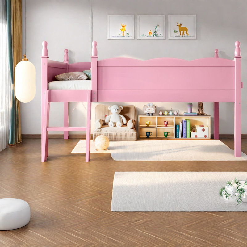 Lit mezzanine bas sécuritaire avec rangement, chambre d'enfant moderne en bois aggloméré rose