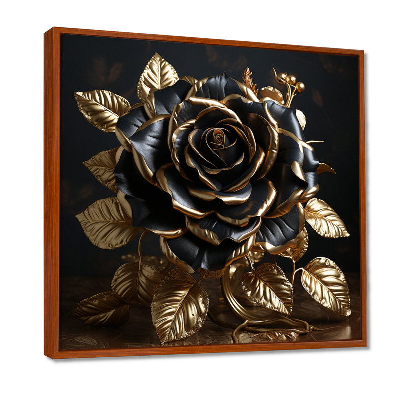 Décoration murale noire rose doré doré et feuilles dorées - rose, H 30 po x l 30 po x P 1 po, Toile avec cadre flottant brun