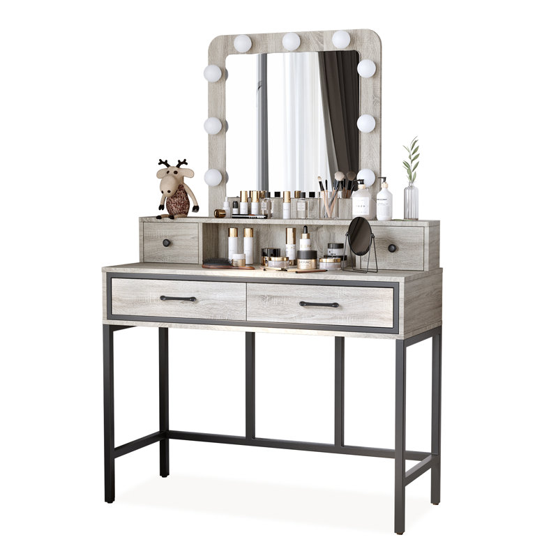 Abdulaleem Vanity Table with Lighted Mirror, Light Gray