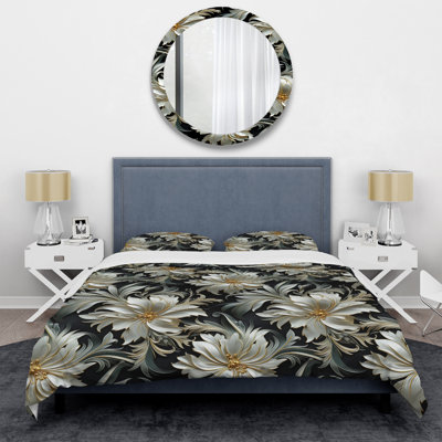 Ensemble de housse de couette à motif floral exotique gris et noir