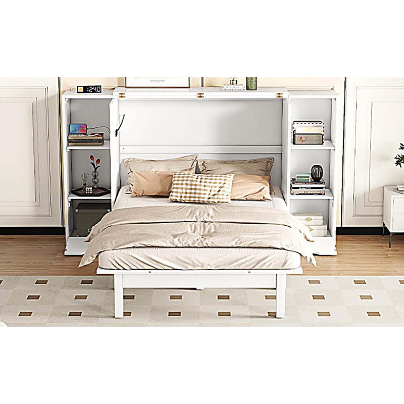 Grand lit escamotable avec tablettes, tiroirs et ports USB, blanc, Blanc, Grand lit