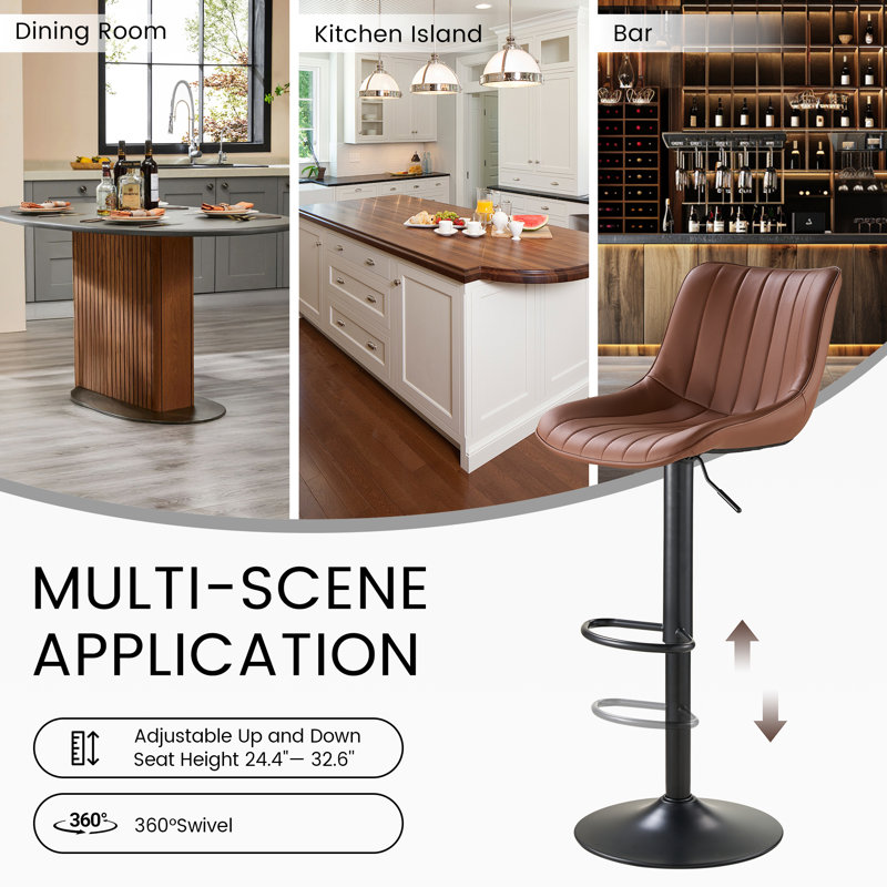 Adjustable Swivel Bar Stools, Counter Height Bar Stool with Footrest, Modern PU Leather Bar Chairs for Kitchen Island, Dining Room, Brown(Set of 2)