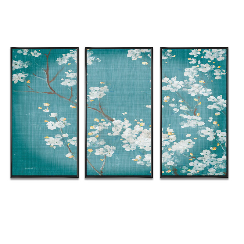 «Blue Cherry Blossoms I», peinture sur toile 3 pièces, Noir, H 28 po x l 36 po