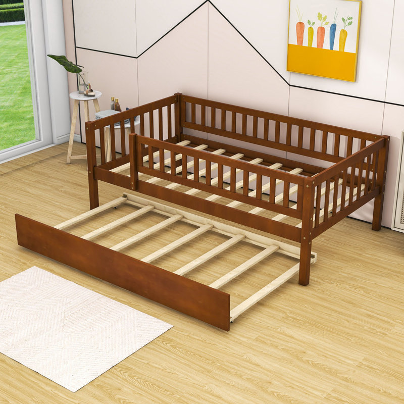 Havva Wood Daybed with Twin Size Trundle and Fence Guardrails, Walnut, Twin