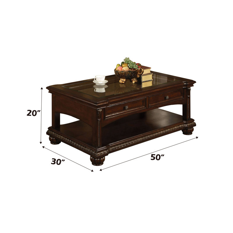Table basse à 2 tiroirs Cawthon avec tablette inférieure, couleur cerise, bois, plateau de table en verre avec bord en bois, rectangulaire