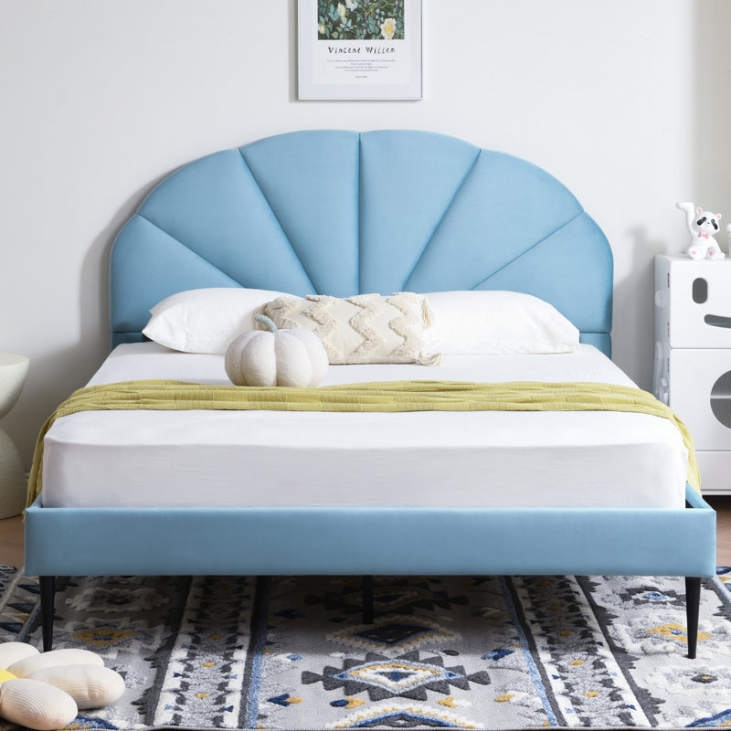 Tête de lit plateforme capitonnée Deeb, Double, Velours bleu ciel