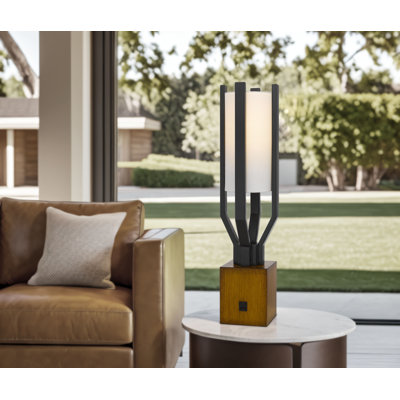 Bedroom Table Lamp With Charging Ports 25" H High Matte Black Wood And Fabric Shade