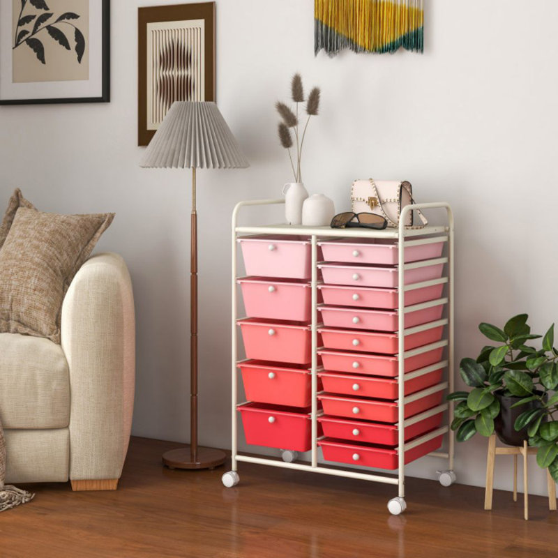 Rebrilliant 15 Drawer Rolling Organizer Cart Utility Storage Tools Scrapbook Paper Multi-use, Gradient Pink