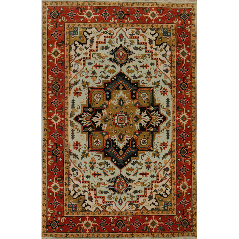 Tapis géométrique en laine turquoise 10 x 14