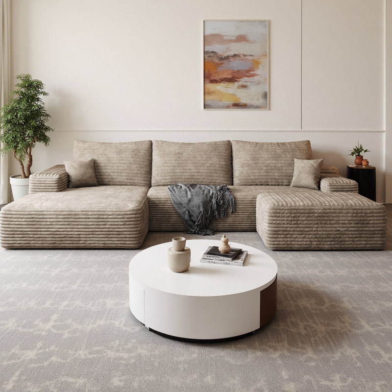 Ridge Boneless 107" U-Shaped Cloud Sectional Sofa with Ottoman and Left Chaise, Plush Corduroy Fabric Deep Seat Corner Couch, Modern 4-Seat Sofa for Living Room, No Assembly Required