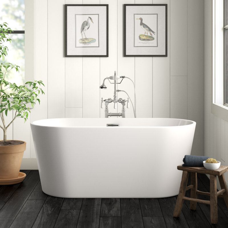 Iris 59" x 29.5" Freestanding Soaking Acrylic Bathtub, White/Titanium Gold