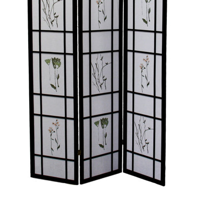 70 po. 3 po., Teinte noire, décoration asiatique, pin massif, panneaux à imprimé floral, grand écran de barrière pliable, noir, style asiatique traditionnel, motif