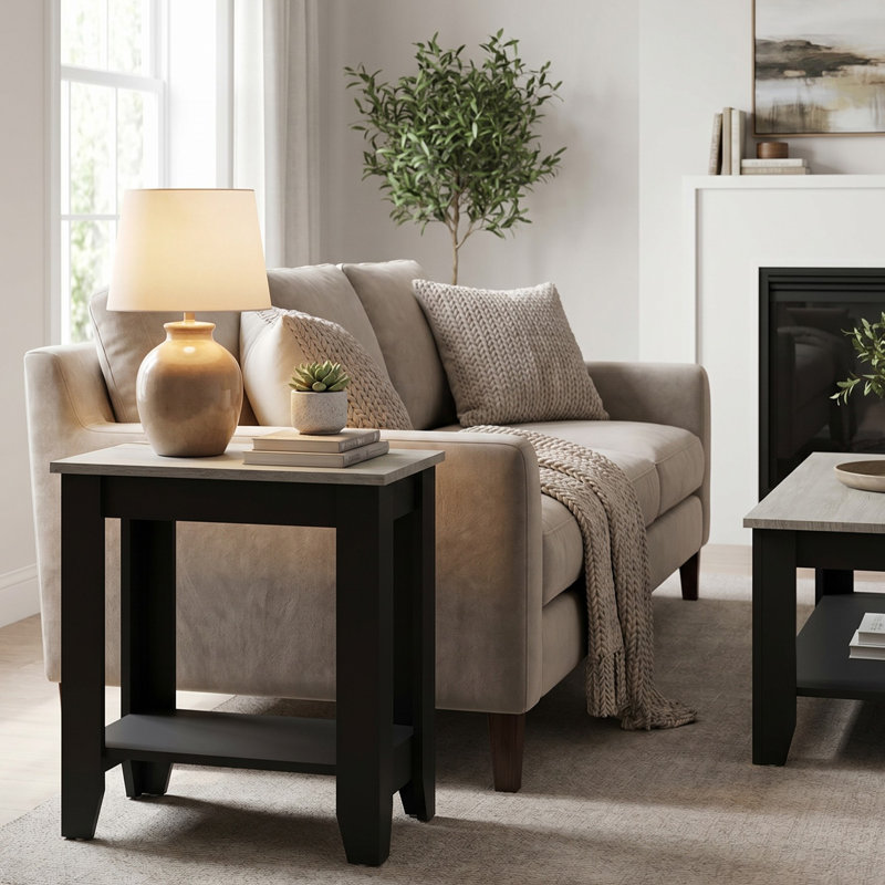 Weddel Basilico End Table with Storage, Matte Black/Dusty Gray Oak