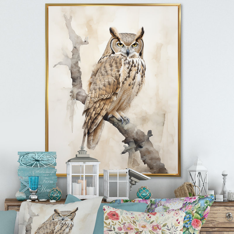 «Wise And Watchful Majestic Owl» sur toile, Cadre flottant doré, H 40 po x l 30 po x P 1,5 po