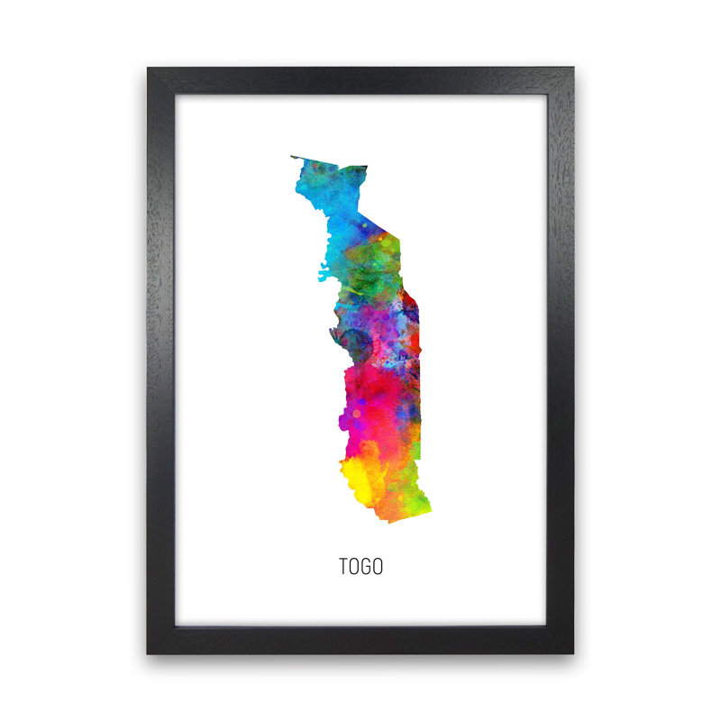 Togo Watercolour Map by Michael Tompsett - Print, 34cm H x 25cm W x 3cm D, Black Framed