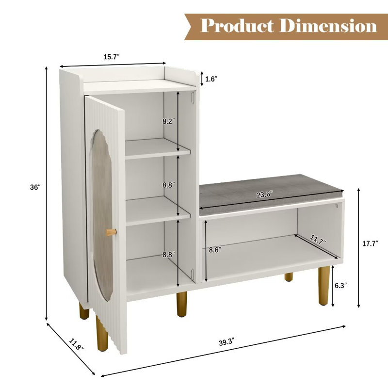 Tokie Modern Entryway Shoes Cabinet Bench with Glass Door, White
