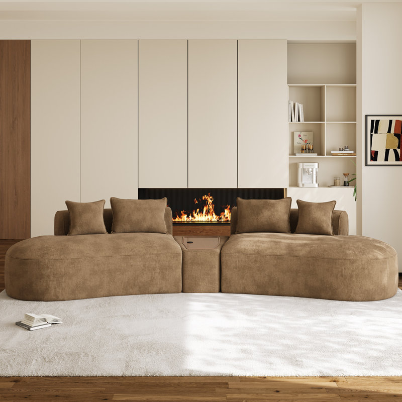 Canapé modulaire en chenille de 153 po de largeur avec table basse à chargement rapide, Brown Chenille