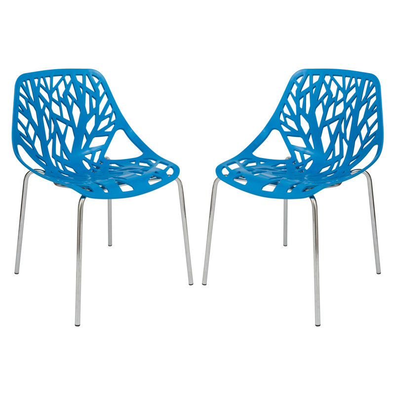 Dufresne Stacking Dining Side Chair with Floral Cutout Design and Stainless Steel Legs, Blue