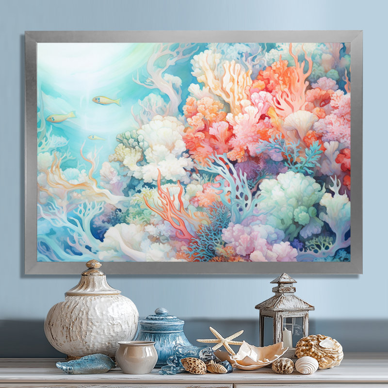 Underwater Coral Symphony Ii I - Coastal Coral Under Water Large, art mural, H 24 po x l 32 po x P 1 po, Cadre argenté
