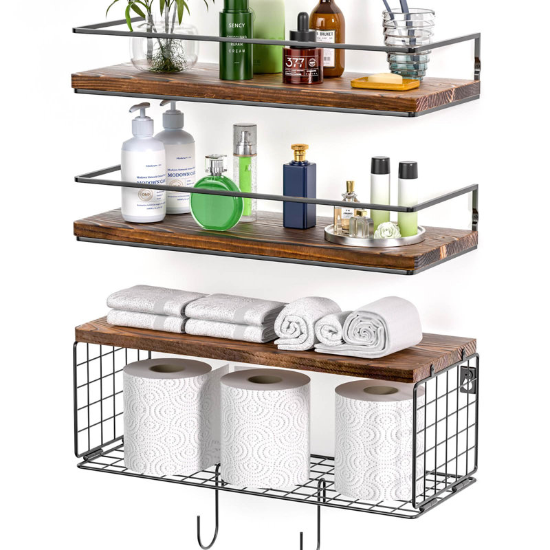 Floating Shelves With S Hooks, Wall Mounted Bathroom Shelves Over Toilet With Toilet Paper Basket, Bathroom Organizers And Storage, Brown