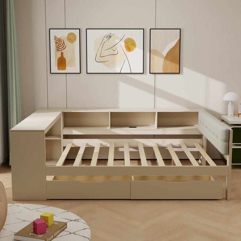 Lit plateforme simple en bois avec tablettes de rangement, ports USB et bureau, Lit simple, Crème