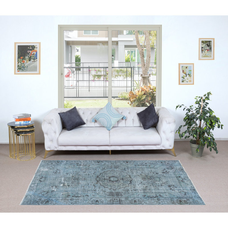 Tapis turc 4,8 x 7,5 pi fabriqué à la main en bleu ciel, tapis à poils courts, revêtement de sol bleu clair moderne
