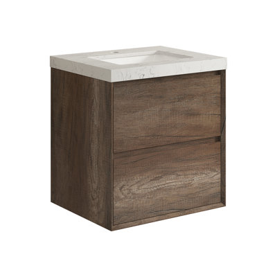 Meuble-lavabo flottant mural pré-assemblé en chêne antique, lavabo simple avec plateau en marbre d'ingénierie