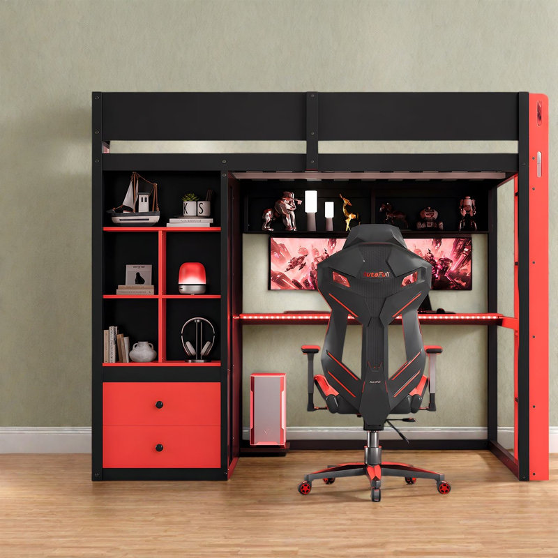 Lit mezzanine double avec bureau de rangement, maison de jeu moderne en bois MDF, Noir 3