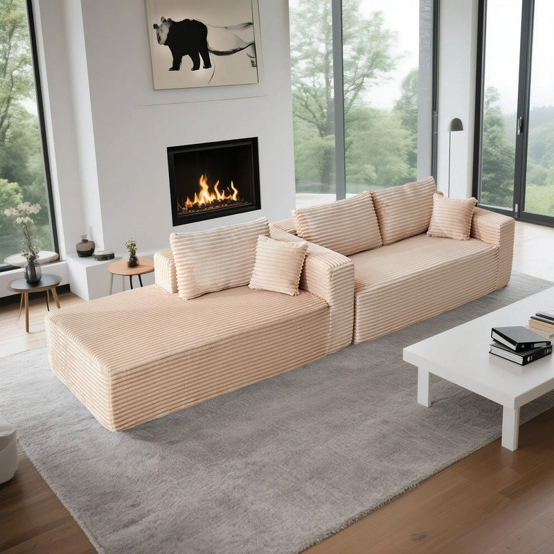 Canapé modulaire en forme de L Boneless, Velours côtelé beige