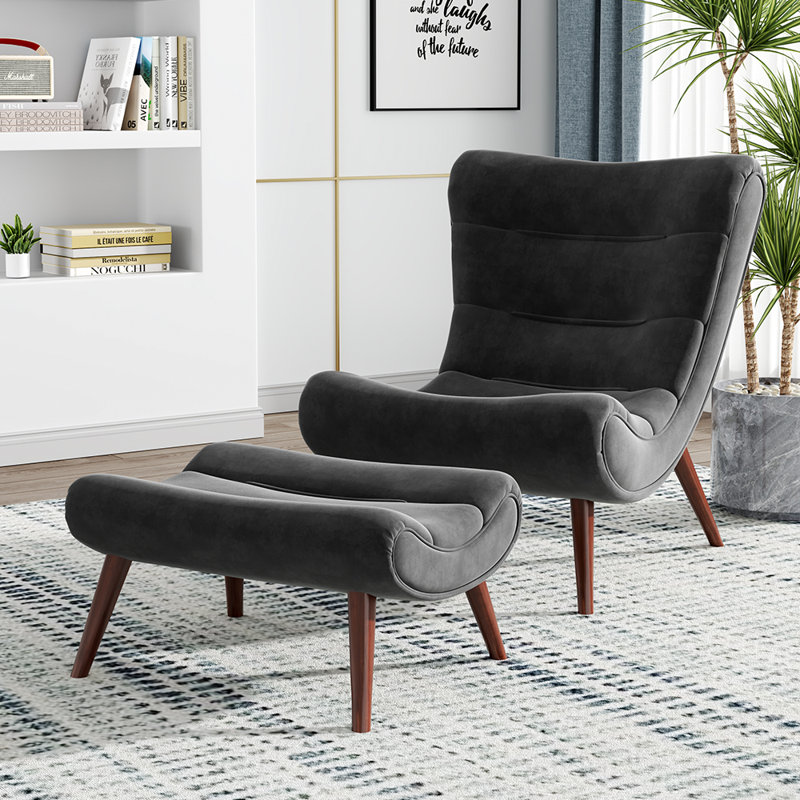 Aeliana Upholstered Accent Chair with Footstool, Black Velvet 