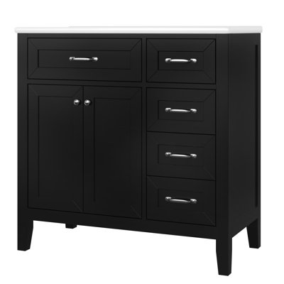 Meuble-lavabo de 36 po Dexheart, unité autoportante noire avec tiroirs, lavabo en céramique lisse, bois massif et, assemblage requis pour l'installation du meuble-lavabo