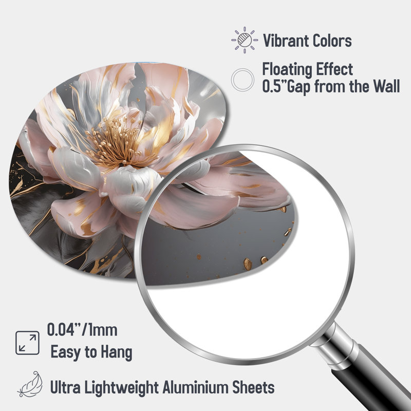 Marbre rose doré pivoine fleur III - marbre abstrait forme de goutte murale irrégulière en métal, H 33 po x l 33 po