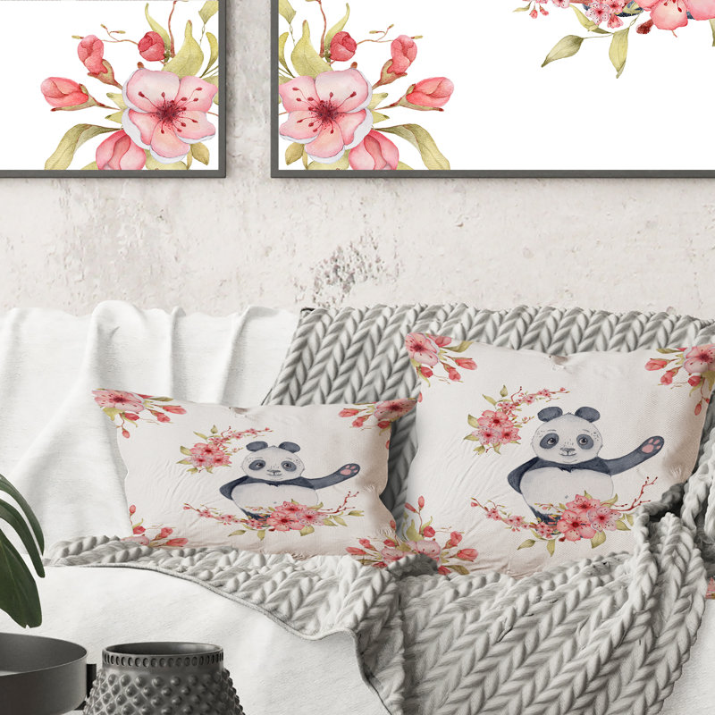 Coussin Panda avec des fleurs de sakura - Art imprimé pour enfants, Carré 16 po