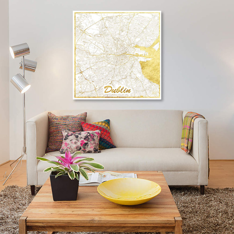 «Dublin Gold Leaf Urban Blueprint Map», impression sur toile, H 48 po x l 48 po x P 1,5 po, Toile tendue, Pas de tapis