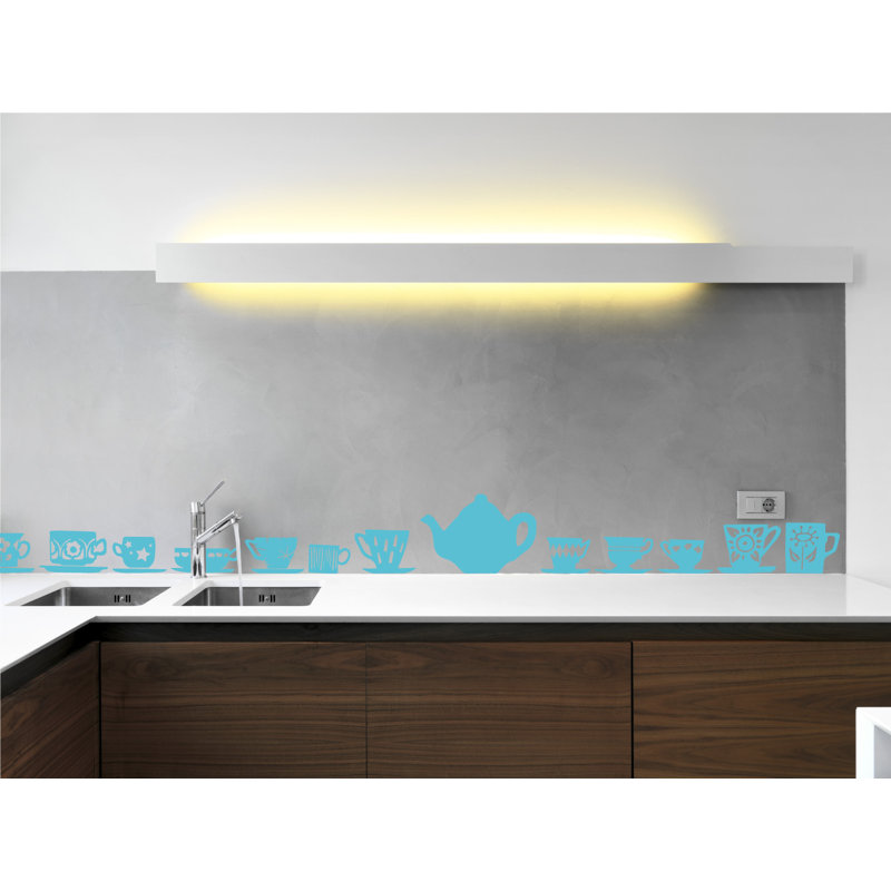 Décalcomanie murale tasses de thé, H 32 po x l 33 po x P 0,01 po, Bleu geyser