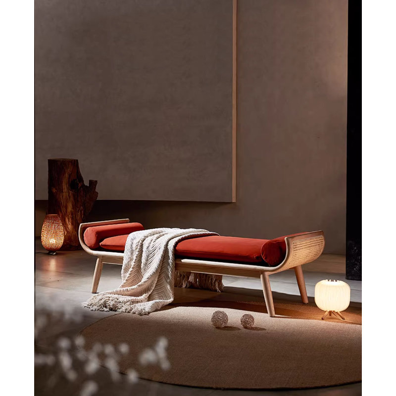 Banc vintage rétro en bois massif et rotin pour salon et chambre, Orange-rouge