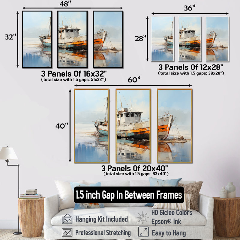 Bateau de pêche au port III - ensemble d'art sur toile de bateau côtier, Cadre flottant doré, H 28 po x l 36 po x P 1 po