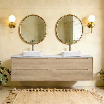 Wall-Mounted Bathroom Vanity In Natural Oak With Square Ceramic Vessel Sink