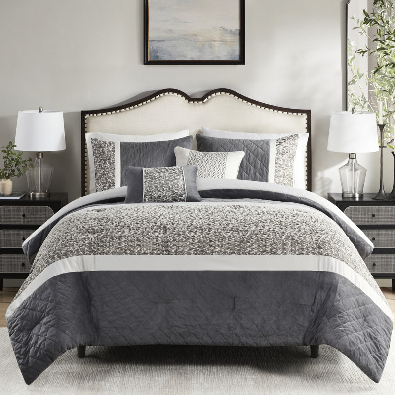 5 édredon rayé texturé, double / grand, facile à entretenir, literie 5 pièces pour lit double / grand, rayé, comprend des coussins décoratifs