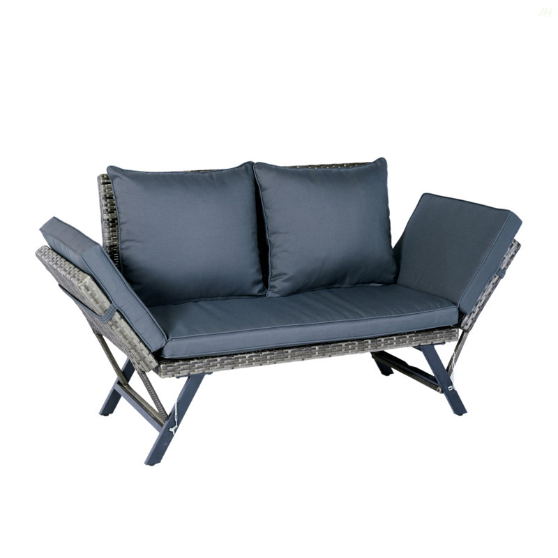 1 PCS Patio Wicker Side Foldable Bench Patio Backyard Conversation Bench Grey Wicker + Dark Grey Cushion