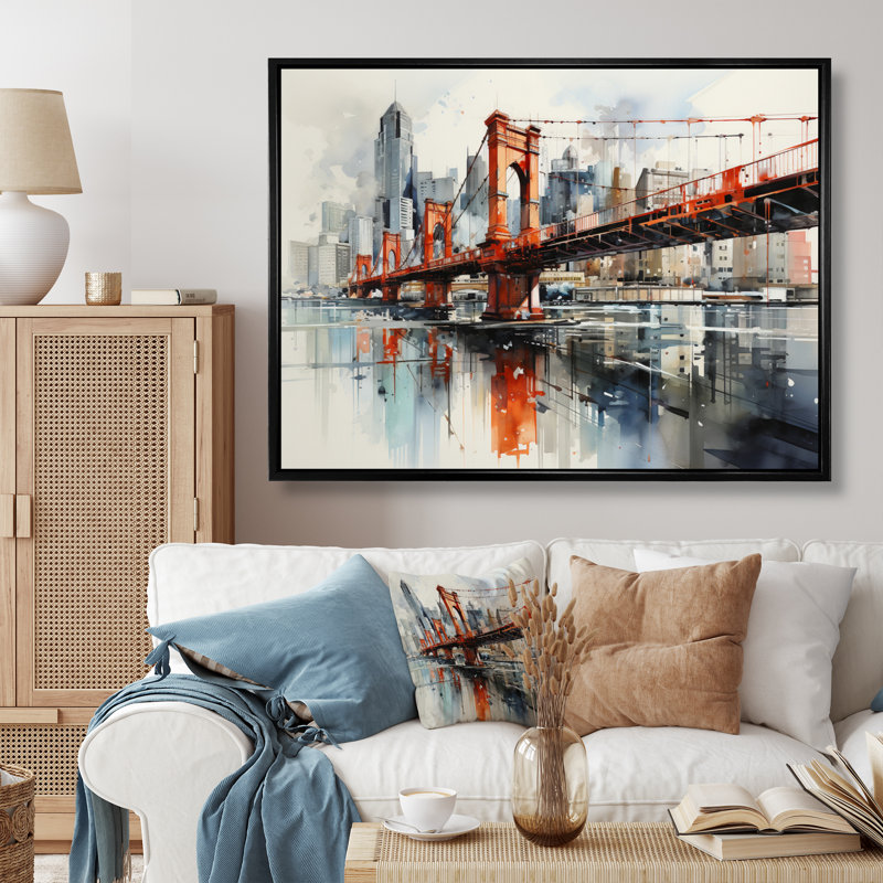 Pont rouge, connexion urbaine - impression d'art mural, Cadre flottant noir, H 30 po x l 40 po x P 1,5 po