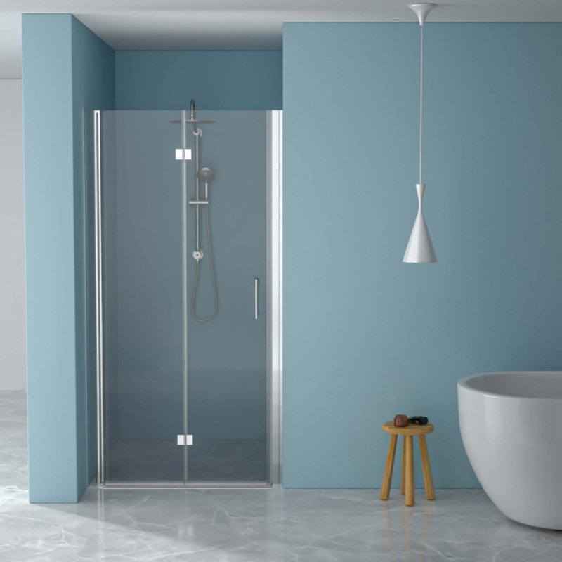 Porte de douche pliante sans cadre avec verre trempé, 1/4 po (6 mm), Chrome chrome