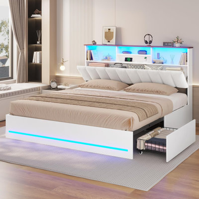 King Size Bed Frame with Bookcase Headboard, Wooden Bed Frame King Size with Charging Station, 4 Storage Drawers and LED Lights, with Type-C and USB, No Box Spring Needed, White